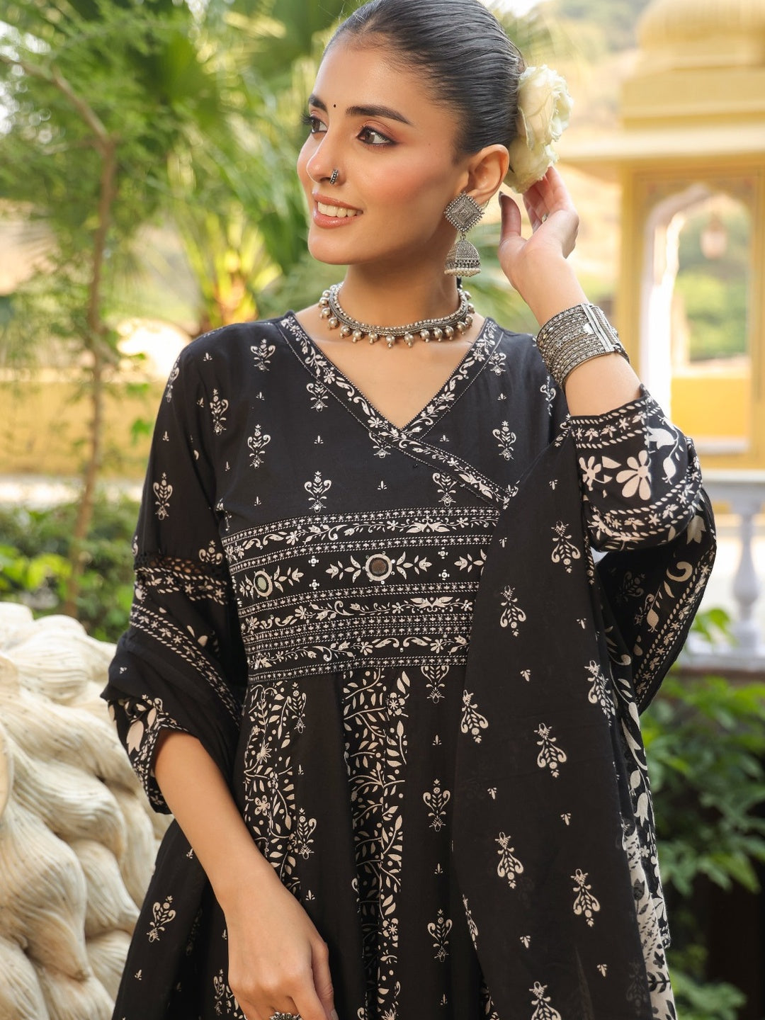 Hand Embroidered & Floral Jaal Printed Angarkha Style Anarkali Kurta With Pant & Coordinated Dupatta, Black - Hiral Fashion