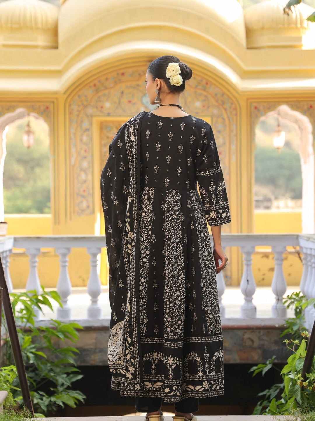 Hand Embroidered & Floral Jaal Printed Angarkha Style Anarkali Kurta With Pant & Coordinated Dupatta, Black - Hiral Fashion