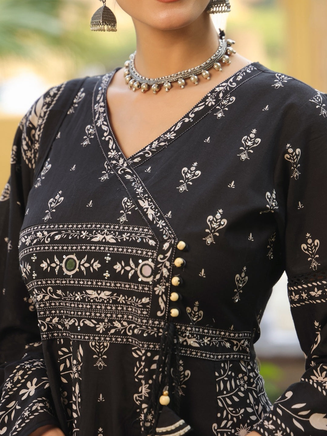 Hand Embroidered & Floral Jaal Printed Angarkha Style Anarkali Kurta With Pant & Coordinated Dupatta, Black - Hiral Fashion