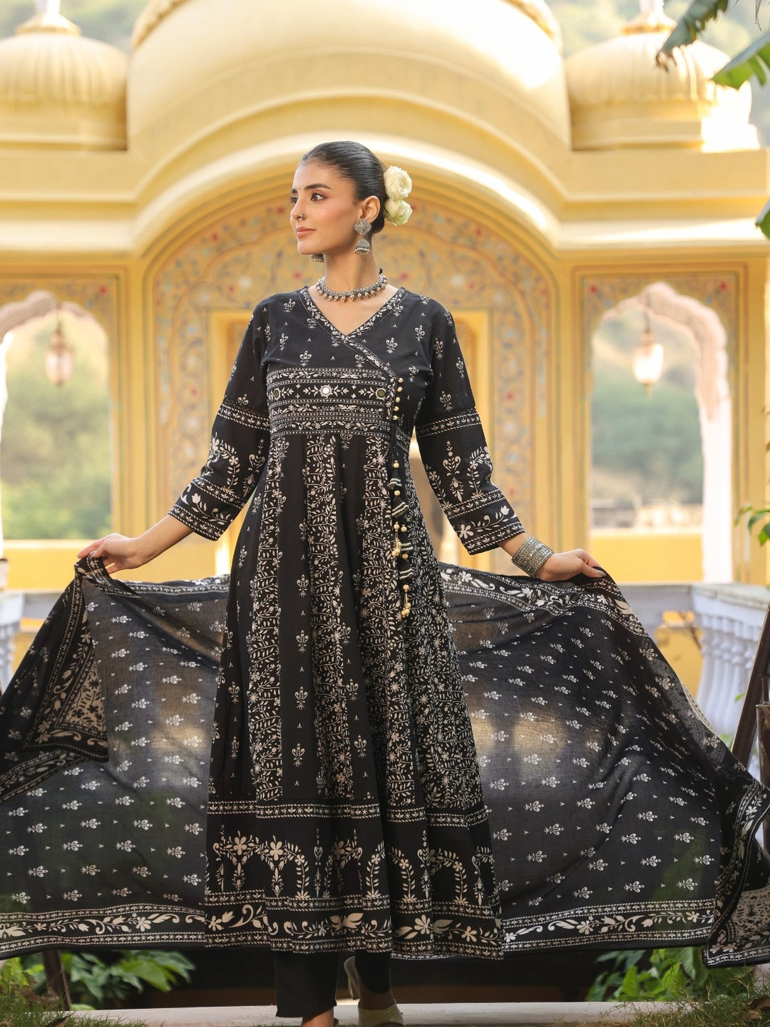 Hand Embroidered & Floral Jaal Printed Angarkha Style Anarkali Kurta With Pant & Coordinated Dupatta, Black - Hiral Fashion