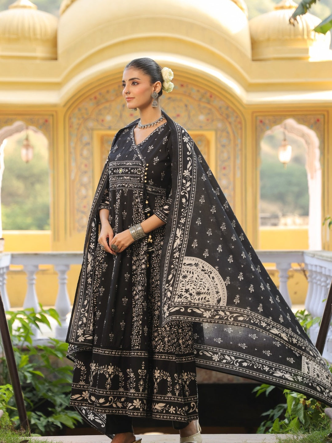 Hand Embroidered & Floral Jaal Printed Angarkha Style Anarkali Kurta With Pant & Coordinated Dupatta, Black - Hiral Fashion