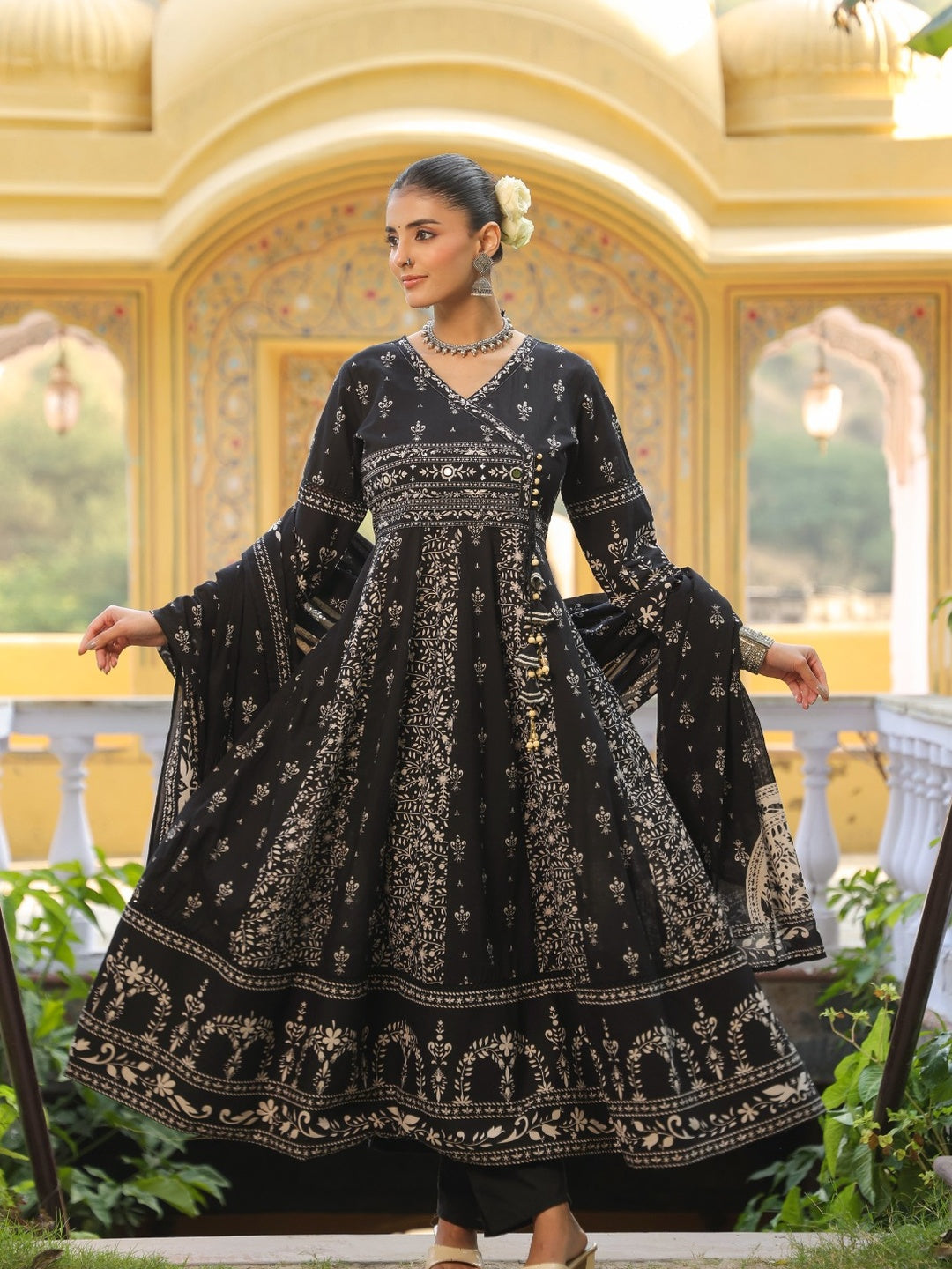 Hand Embroidered & Floral Jaal Printed Angarkha Style Anarkali Kurta With Pant & Coordinated Dupatta, Black - Hiral Fashion