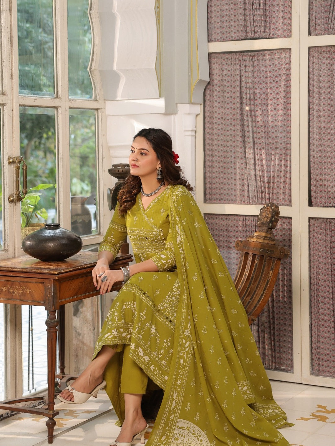 Hand Embroidered & Floral Jaal Printed Angarkha Style Anarkali Kurta With Pant & Coordinated Dupatta, Olive - Hiral Fashion