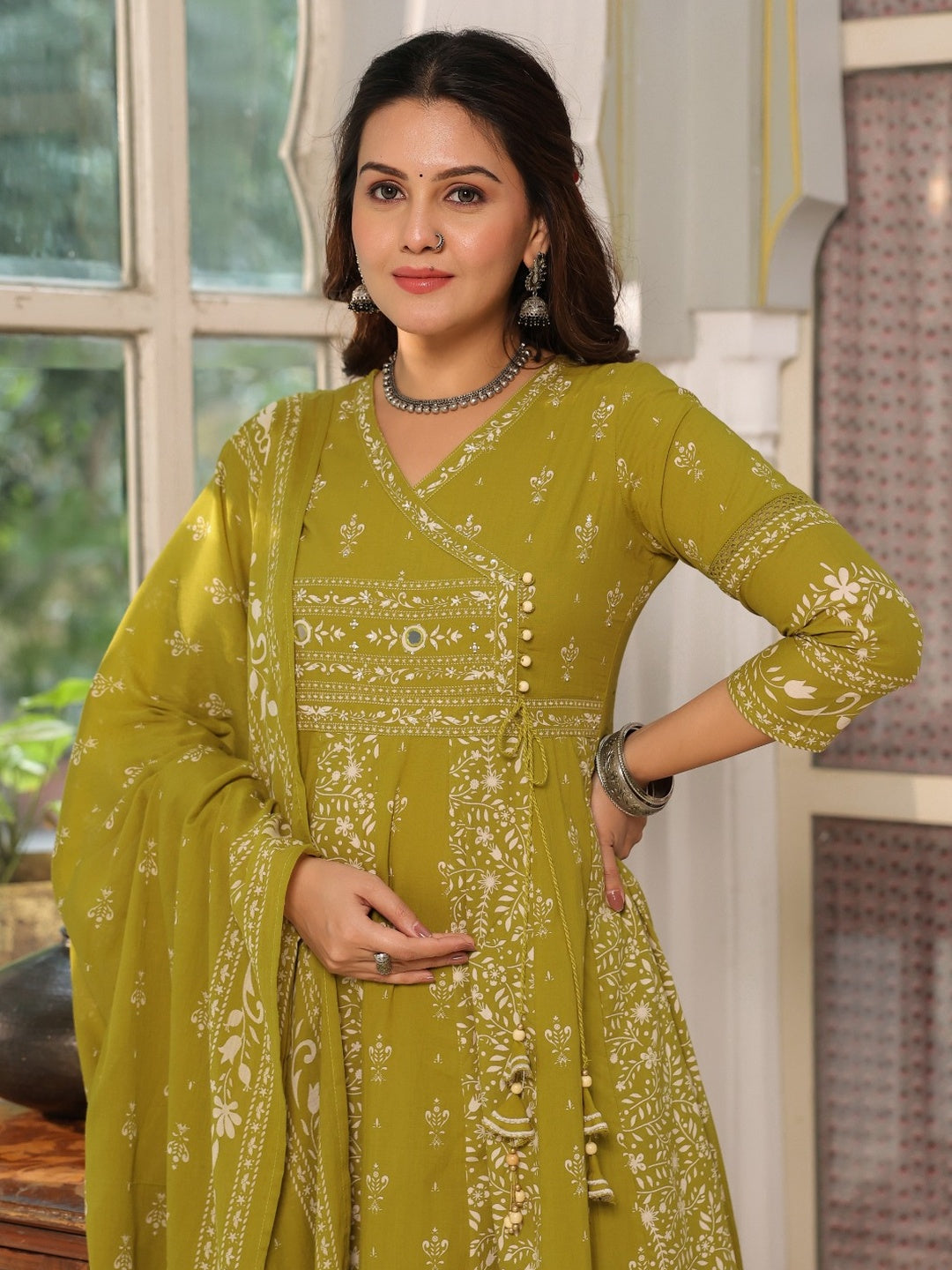 Hand Embroidered & Floral Jaal Printed Angarkha Style Anarkali Kurta With Pant & Coordinated Dupatta, Olive - Hiral Fashion