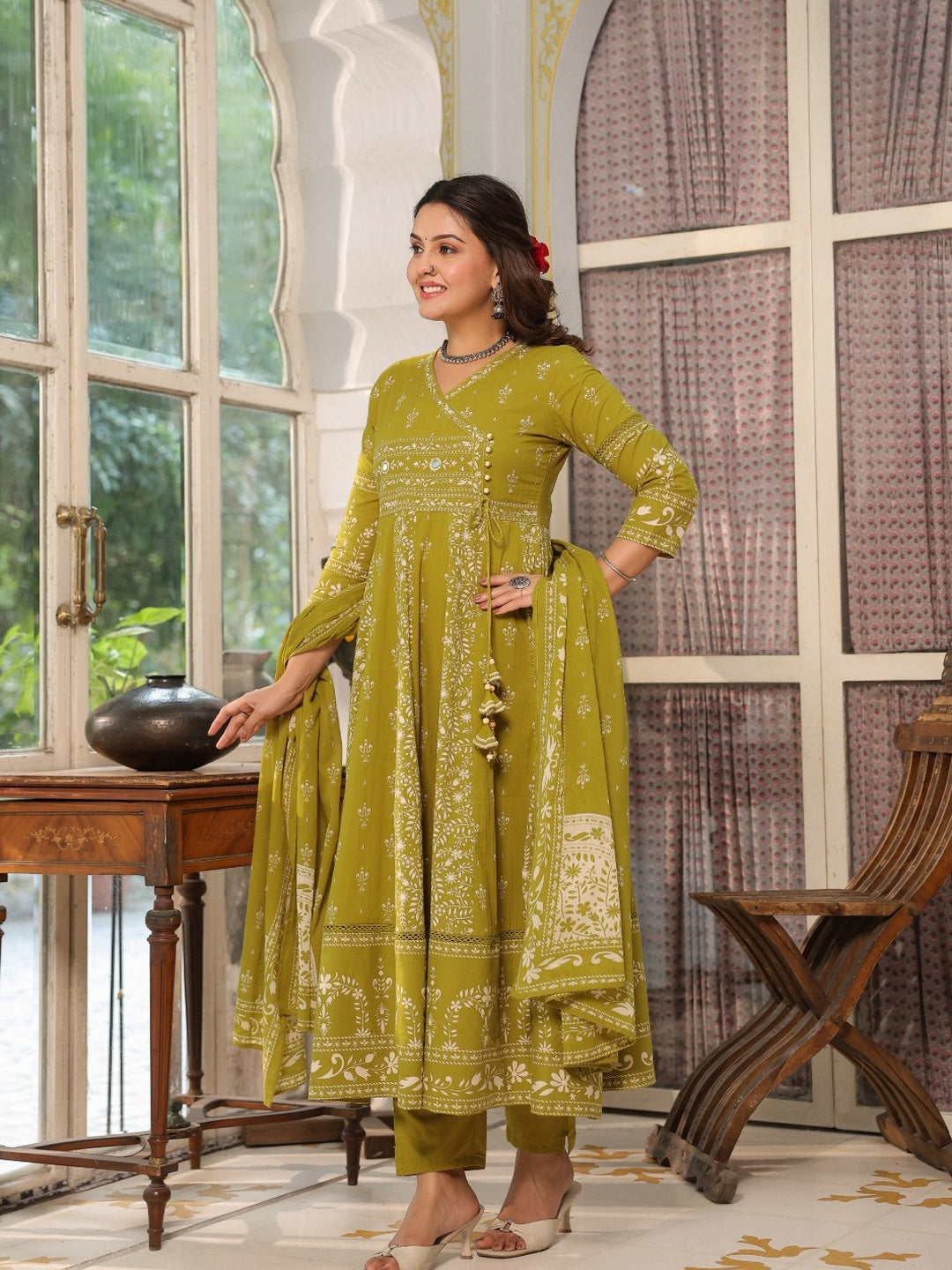 Hand Embroidered & Floral Jaal Printed Angarkha Style Anarkali Kurta With Pant & Coordinated Dupatta, Olive - Hiral Fashion