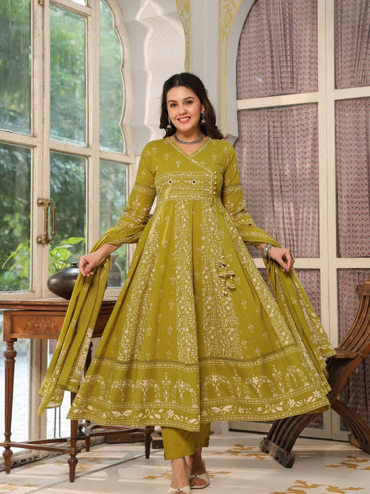 Hand Embroidered & Floral Jaal Printed Angarkha Style Anarkali Kurta With Pant & Coordinated Dupatta, Olive - Hiral Fashion