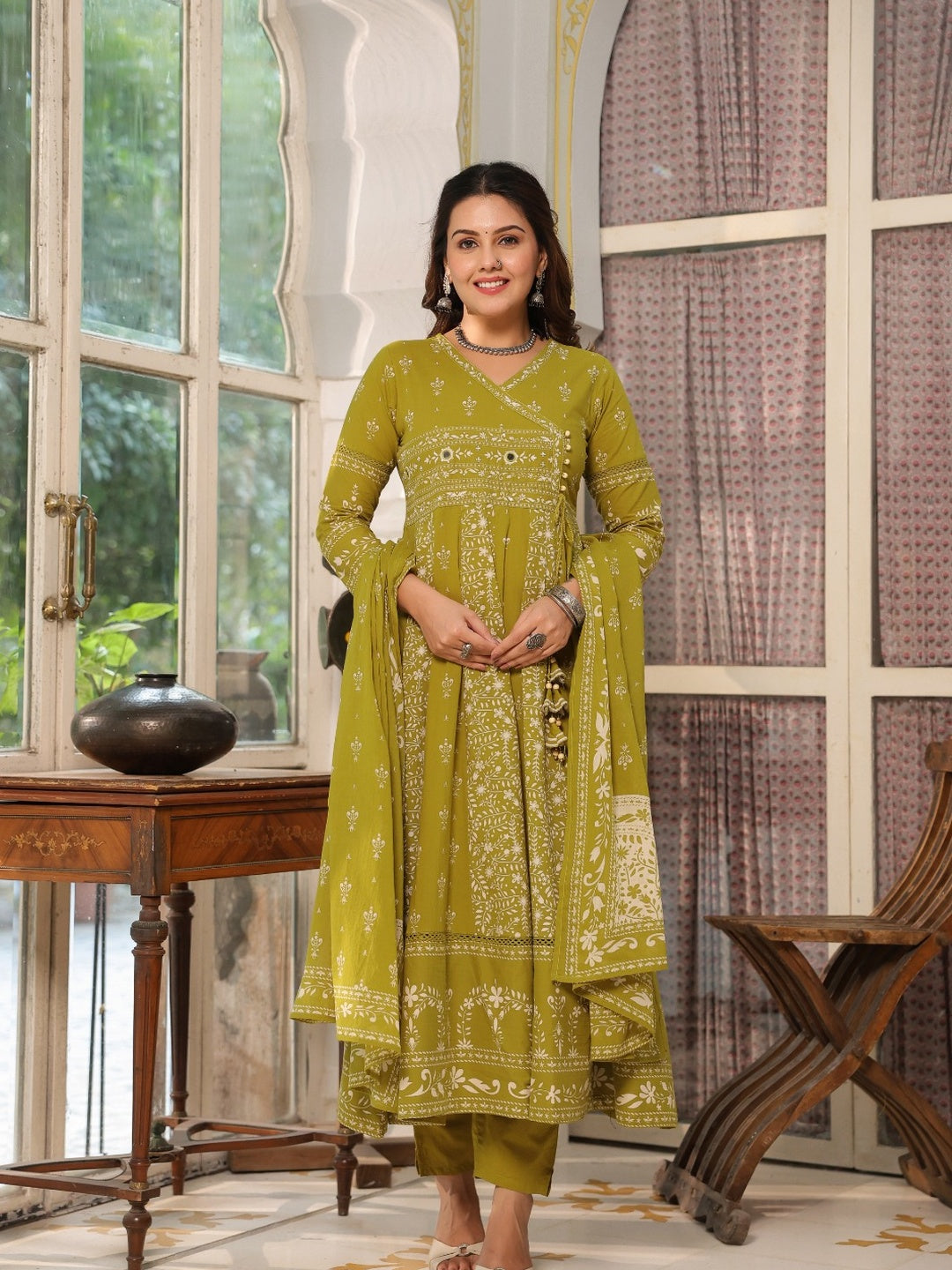 Hand Embroidered & Floral Jaal Printed Angarkha Style Anarkali Kurta With Pant & Coordinated Dupatta, Olive - Hiral Fashion