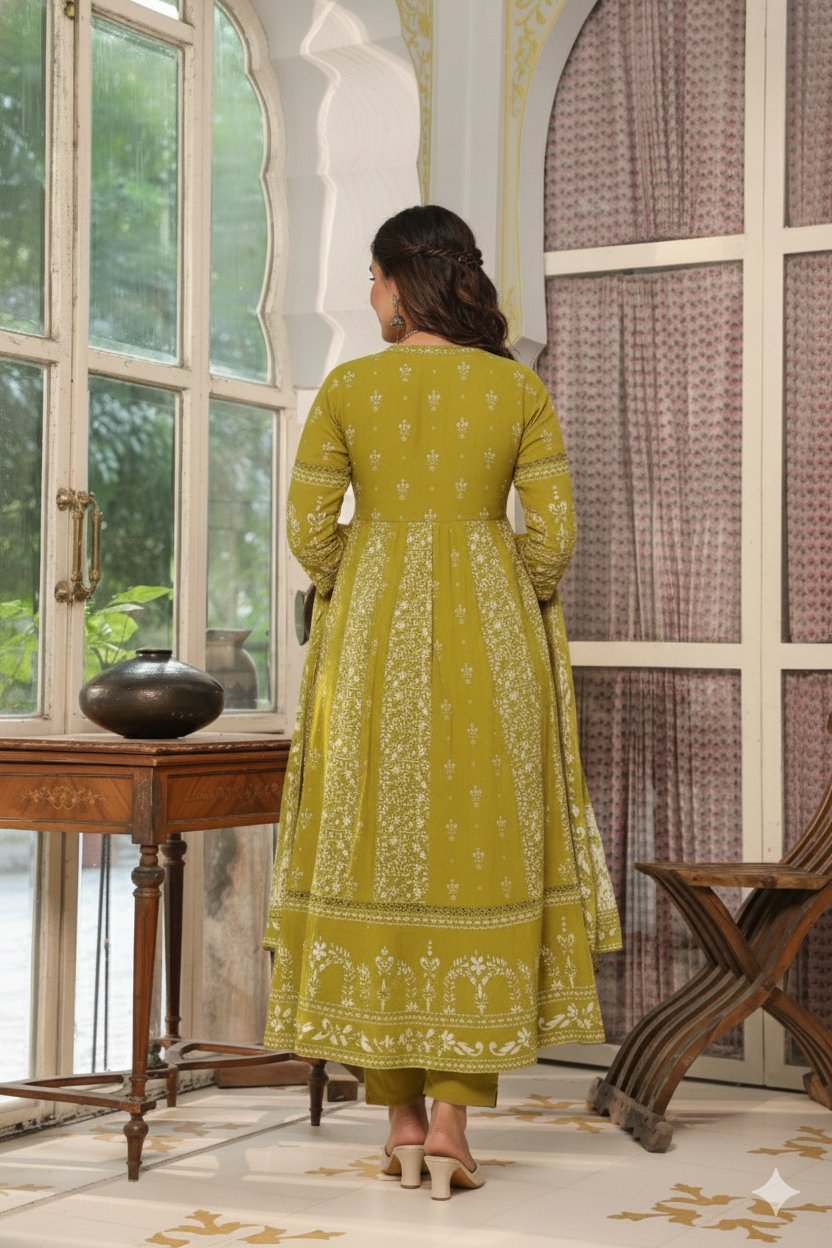 Hand Embroidered & Floral Jaal Printed Angarkha Style Anarkali Kurta With Pant & Coordinated Dupatta, Olive - Hiral Fashion