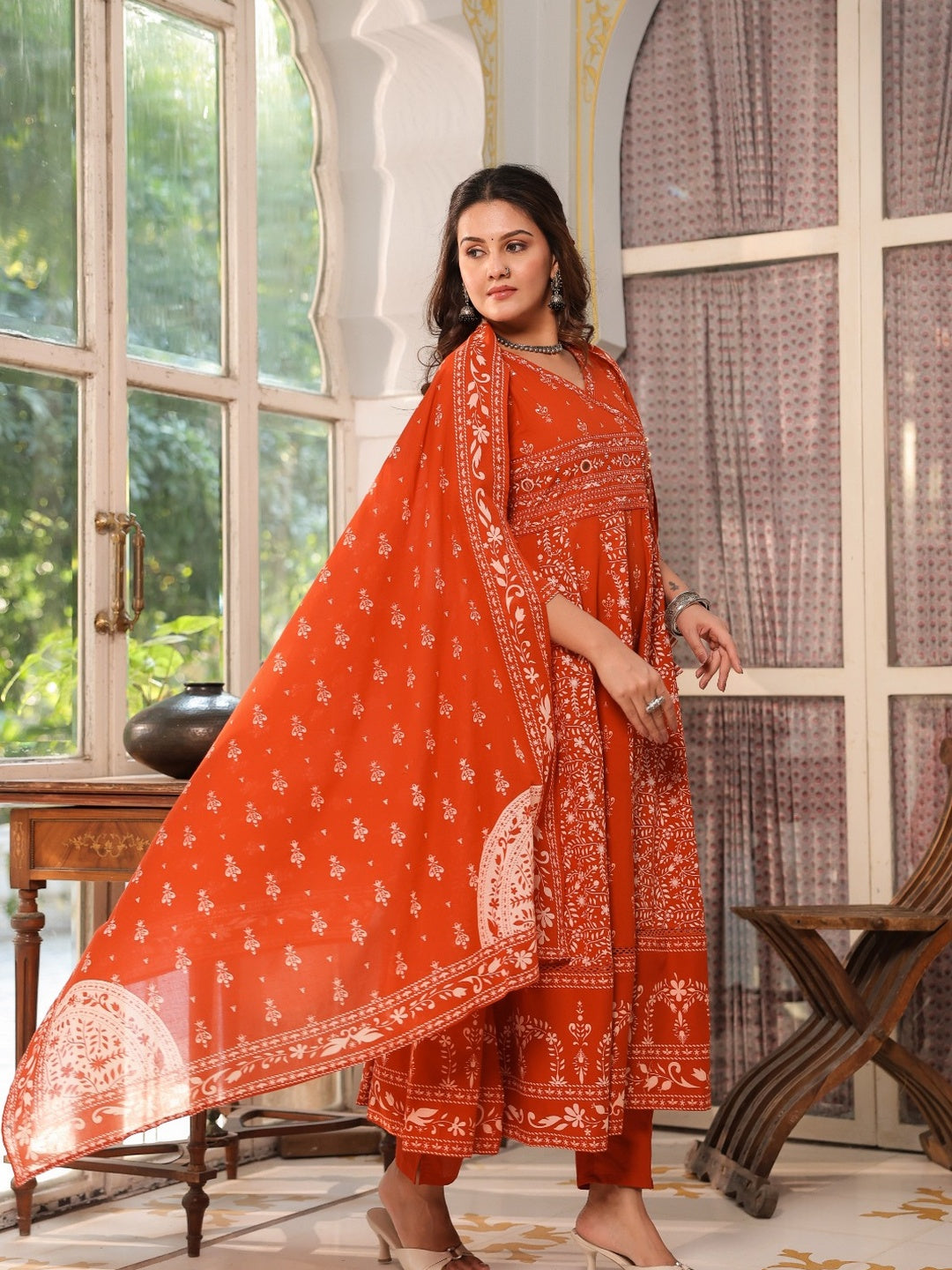 Hand Embroidered & Floral Jaal Printed Angarkha Style Anarkali Kurta With Pant & Coordinated Dupatta, Orange - Hiral Fashion