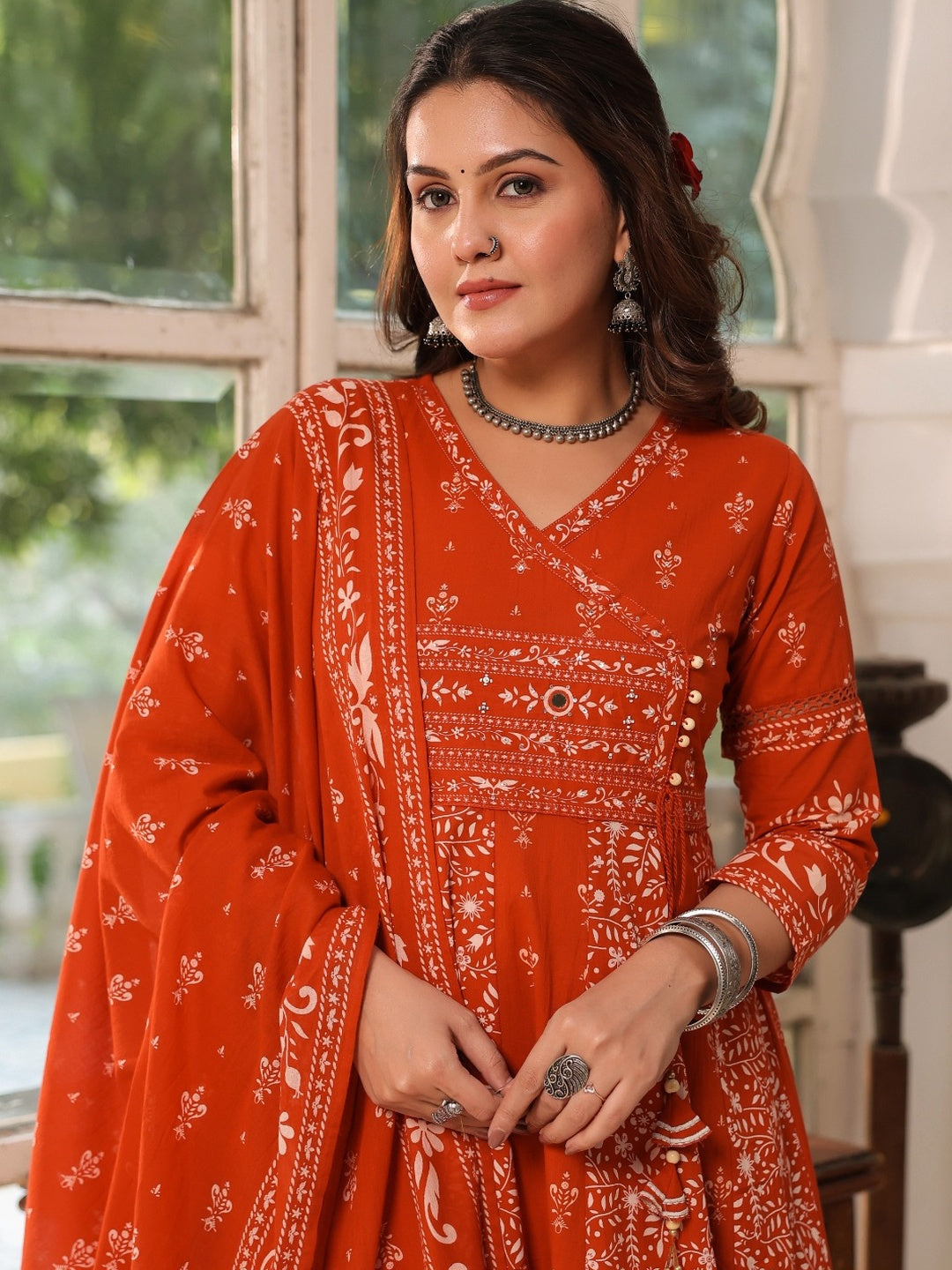 Hand Embroidered & Floral Jaal Printed Angarkha Style Anarkali Kurta With Pant & Coordinated Dupatta, Orange - Hiral Fashion