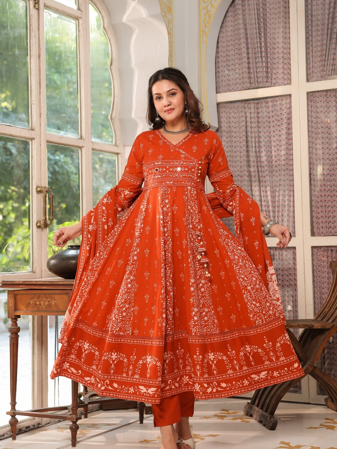 Hand Embroidered & Floral Jaal Printed Angarkha Style Anarkali Kurta With Pant & Coordinated Dupatta, Orange - Hiral Fashion