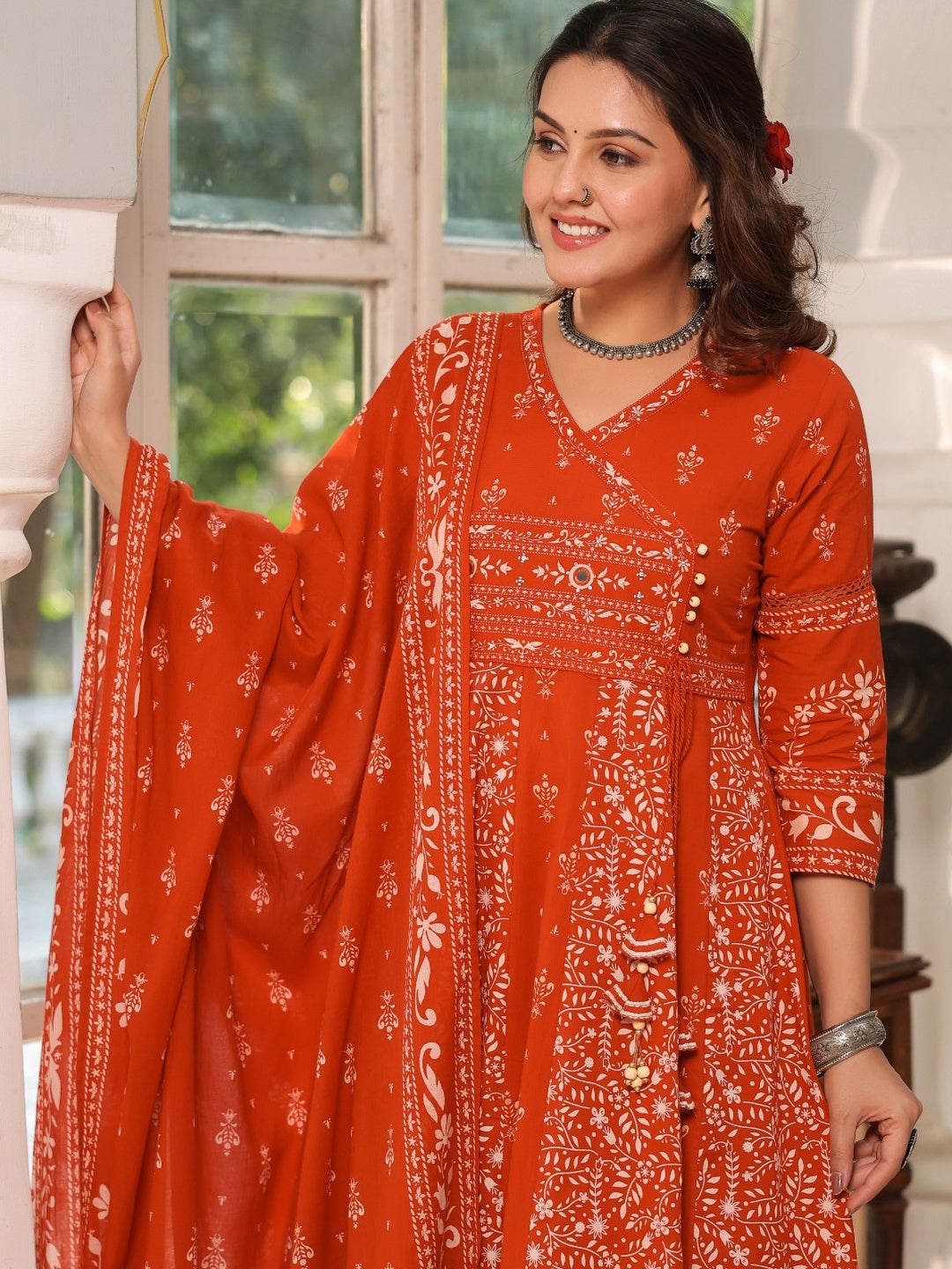 Hand Embroidered & Floral Jaal Printed Angarkha Style Anarkali Kurta With Pant & Coordinated Dupatta, Orange - Hiral Fashion