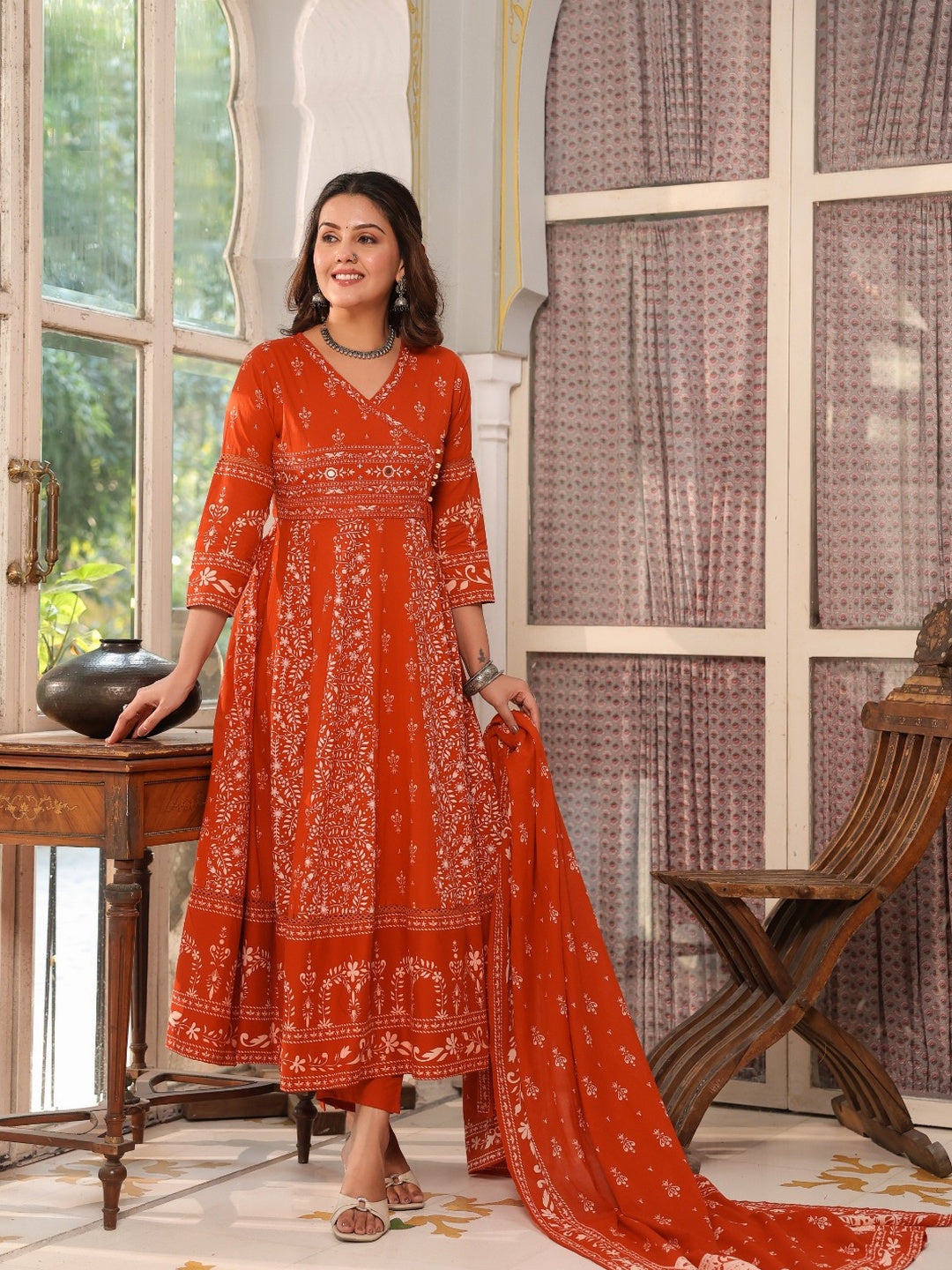 Hand Embroidered & Floral Jaal Printed Angarkha Style Anarkali Kurta With Pant & Coordinated Dupatta, Orange - Hiral Fashion