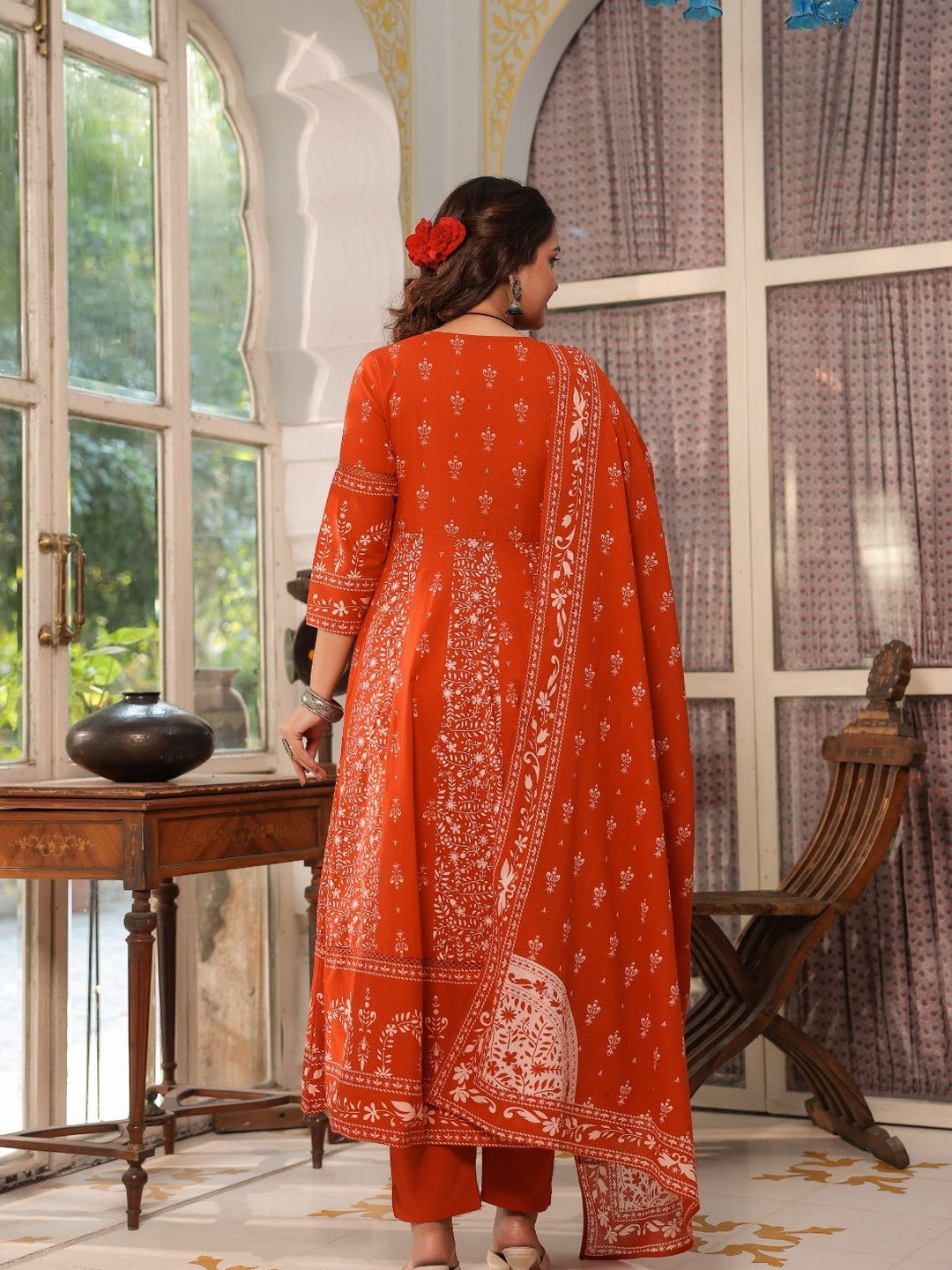 Hand Embroidered & Floral Jaal Printed Angarkha Style Anarkali Kurta With Pant & Coordinated Dupatta, Orange - Hiral Fashion