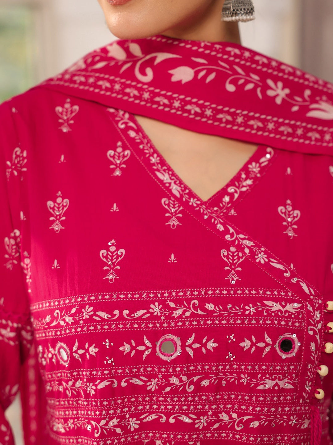 Hand Embroidered & Floral Jaal Printed Angarkha Style Anarkali Kurta With Pant & Coordinated Dupatta, Rani - Hiral Fashion