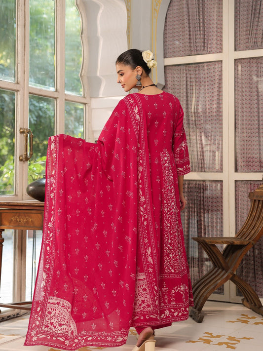 Hand Embroidered & Floral Jaal Printed Angarkha Style Anarkali Kurta With Pant & Coordinated Dupatta, Rani - Hiral Fashion