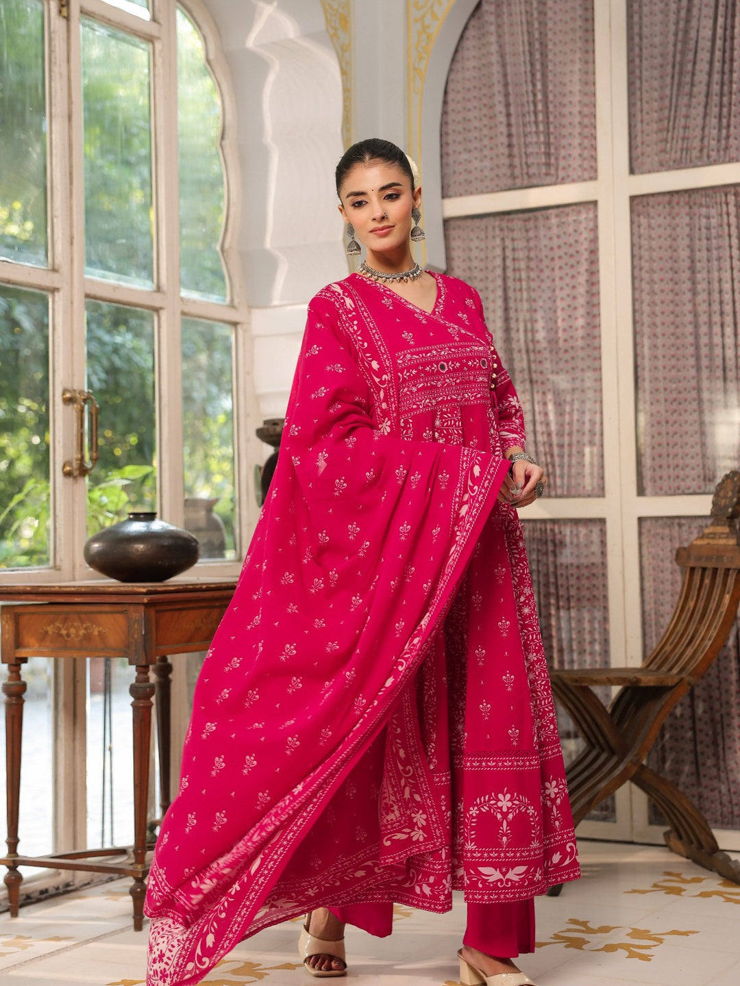 Hand Embroidered & Floral Jaal Printed Angarkha Style Anarkali Kurta With Pant & Coordinated Dupatta, Rani - Hiral Fashion