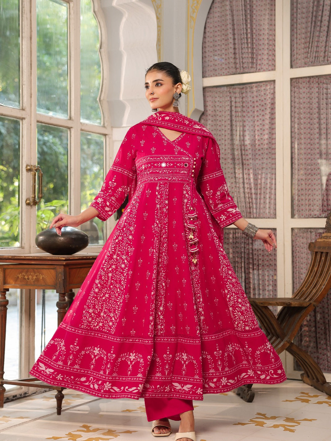 Hand Embroidered & Floral Jaal Printed Angarkha Style Anarkali Kurta With Pant & Coordinated Dupatta, Rani - Hiral Fashion