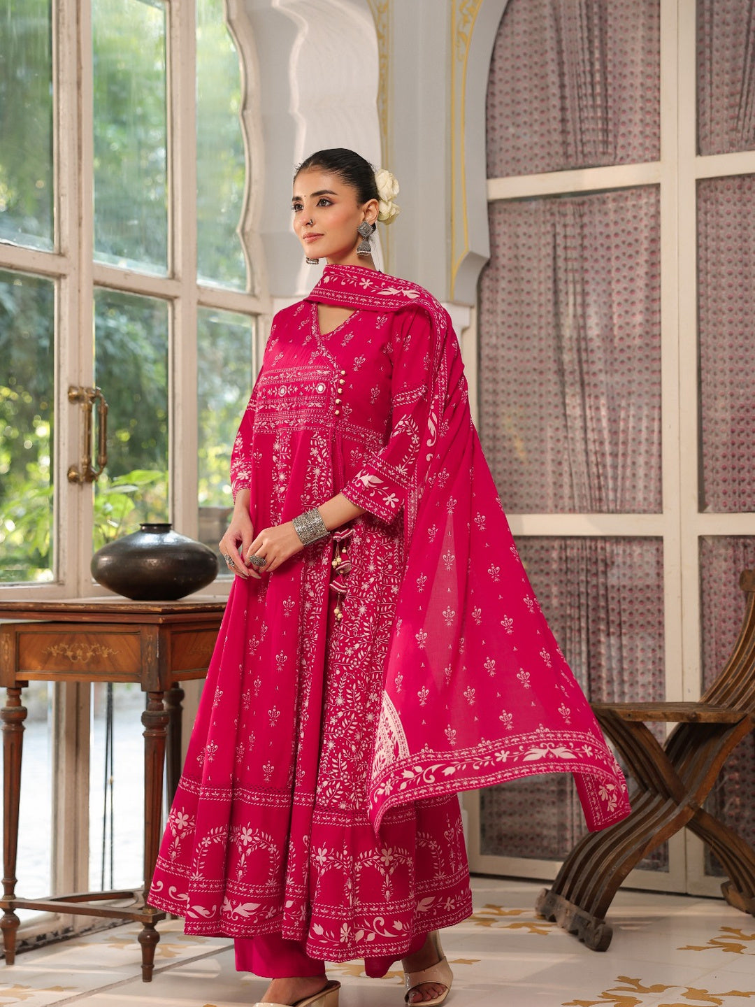 Hand Embroidered & Floral Jaal Printed Angarkha Style Anarkali Kurta With Pant & Coordinated Dupatta, Rani - Hiral Fashion