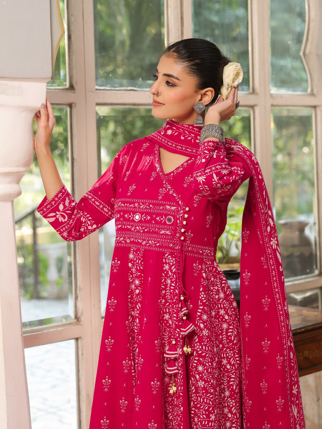 Hand Embroidered & Floral Jaal Printed Angarkha Style Anarkali Kurta With Pant & Coordinated Dupatta, Rani - Hiral Fashion