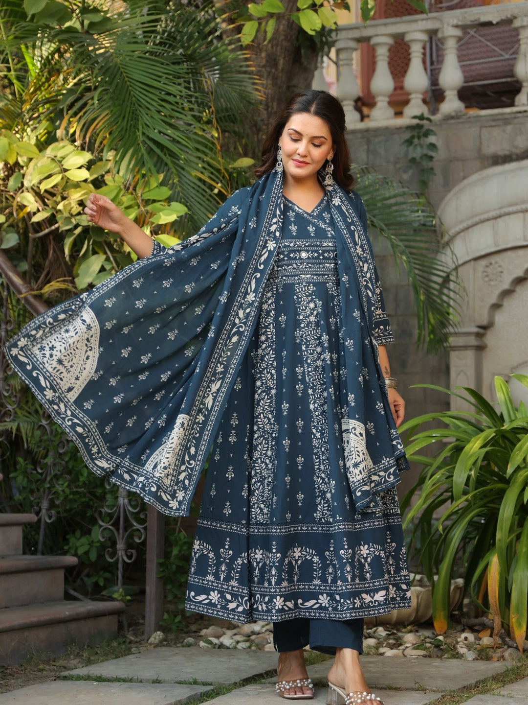 Hand Embroidered & Floral Jaal Printed Angarkha Style Anarkali Kurta With Pant & Coordinated Dupatta, Teal - Hiral Fashion
