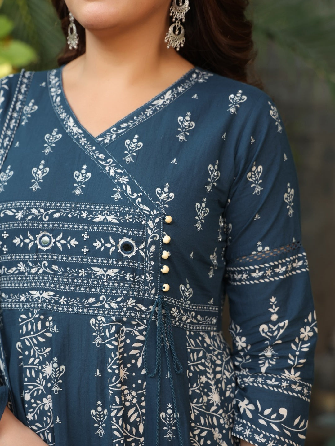 Hand Embroidered & Floral Jaal Printed Angarkha Style Anarkali Kurta With Pant & Coordinated Dupatta, Teal - Hiral Fashion