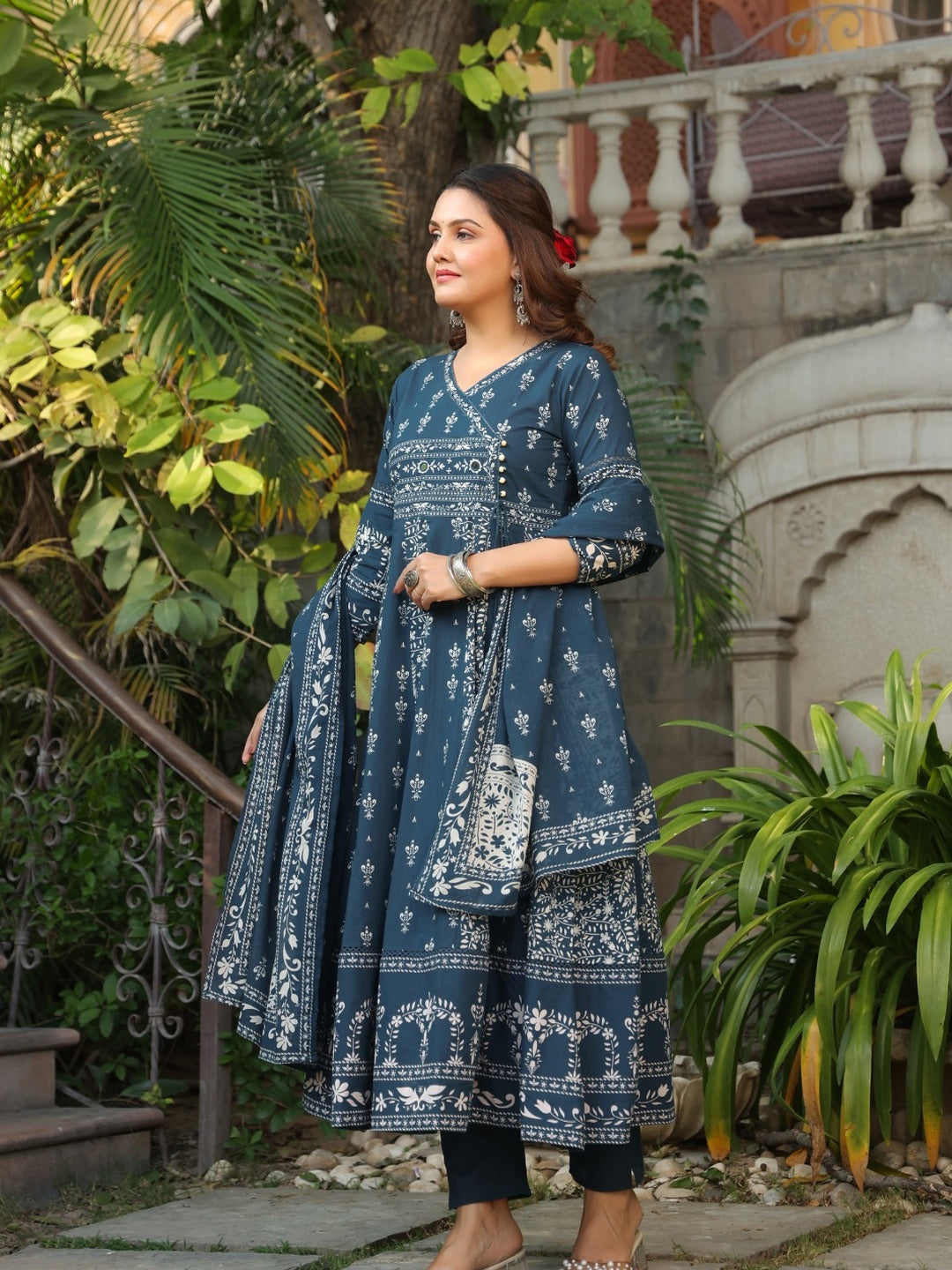 Hand Embroidered & Floral Jaal Printed Angarkha Style Anarkali Kurta With Pant & Coordinated Dupatta, Teal - Hiral Fashion