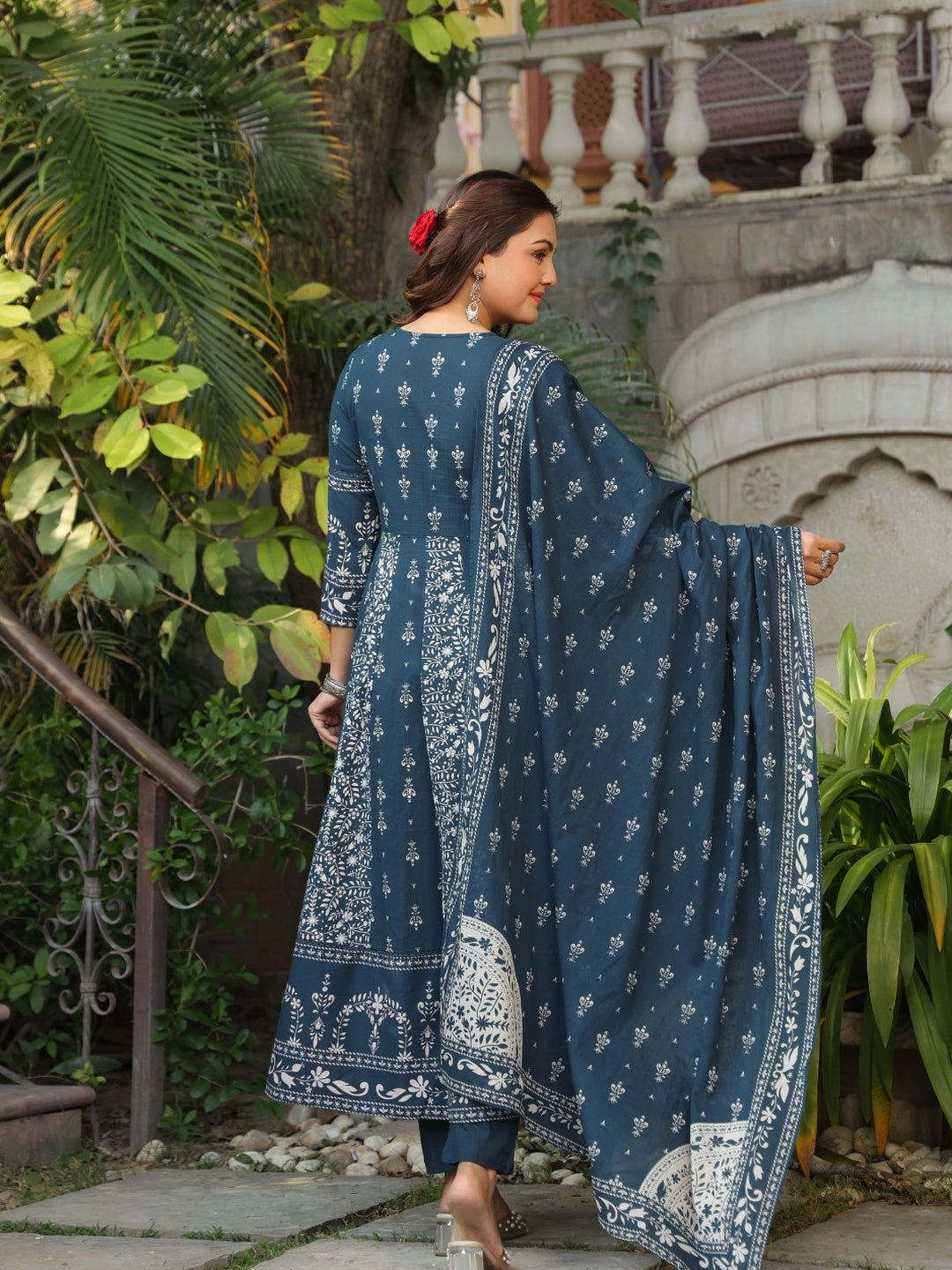 Hand Embroidered & Floral Jaal Printed Angarkha Style Anarkali Kurta With Pant & Coordinated Dupatta, Teal - Hiral Fashion