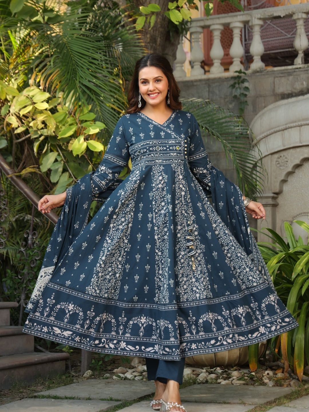 Hand Embroidered & Floral Jaal Printed Angarkha Style Anarkali Kurta With Pant & Coordinated Dupatta, Teal - Hiral Fashion