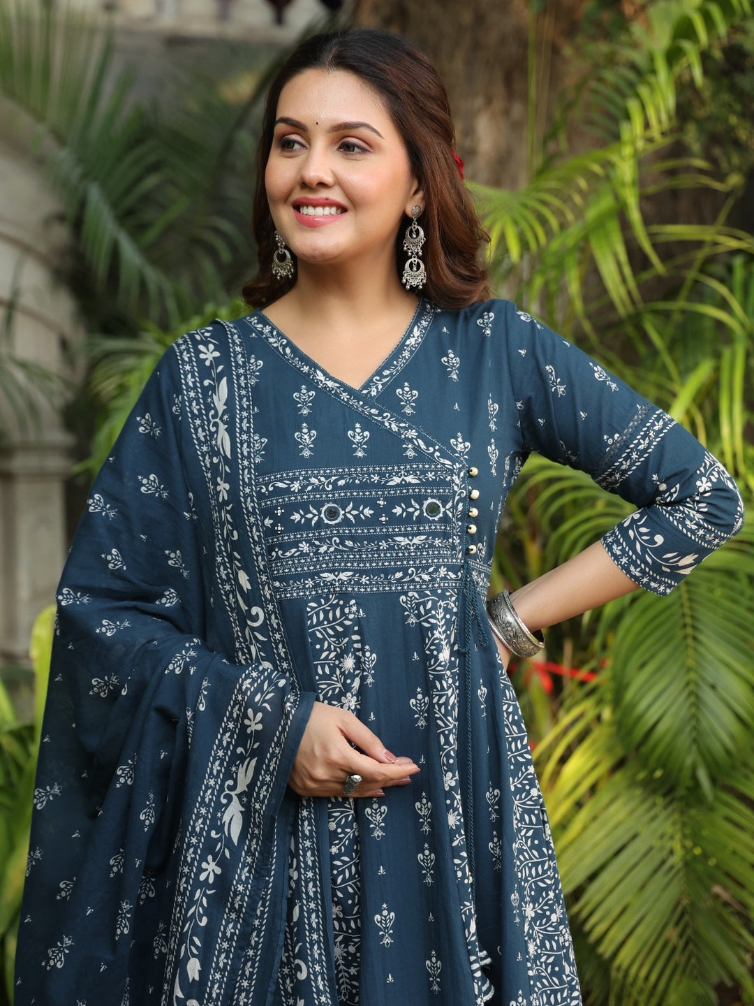 Hand Embroidered & Floral Jaal Printed Angarkha Style Anarkali Kurta With Pant & Coordinated Dupatta, Teal - Hiral Fashion
