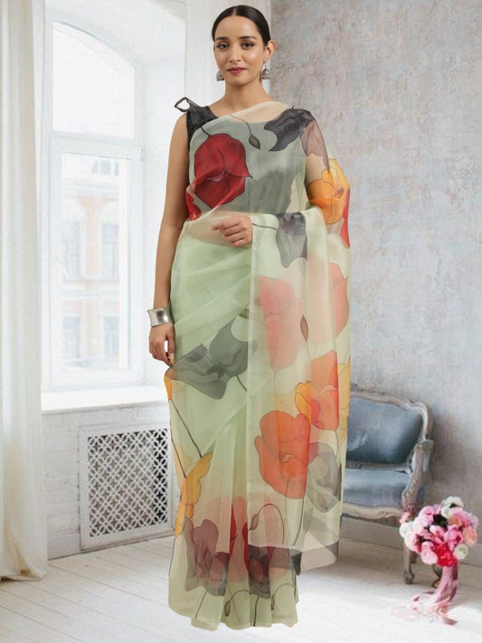 Aastha Fashion Women's Multicolor Digital Printed Organza Saree with Blouse - Grab2buy
