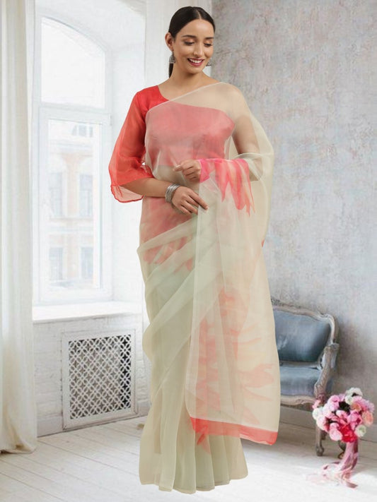 Aastha Fashion Women's Red Digital Printed Organza Saree with Blouse - Grab2buy