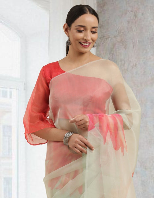 Aastha Fashion Women's Red Digital Printed Organza Saree with Blouse - Grab2buy