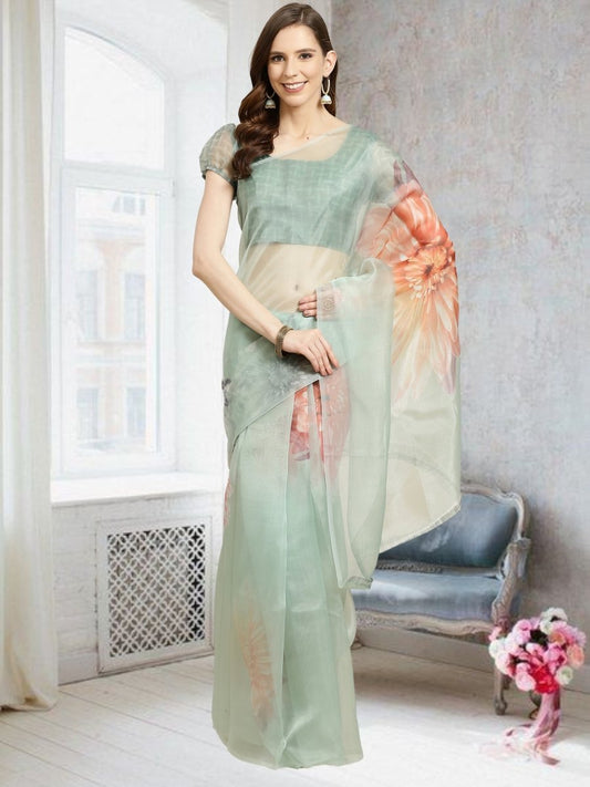 Aastha Fashion Women's Teal Digital Printed Organza Saree with Blouse - Grab2buy