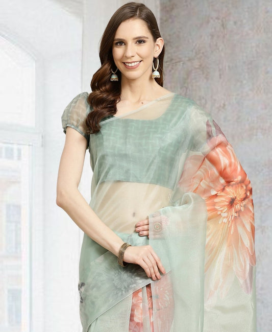 Aastha Fashion Women's Teal Digital Printed Organza Saree with Blouse - Grab2buy