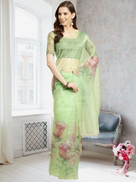 Aastha Fashion Women's Sea Green Digital Printed Organza Saree with Blouse - Grab2buy