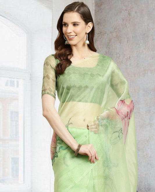 Aastha Fashion Women's Sea Green Digital Printed Organza Saree with Blouse - Grab2buy