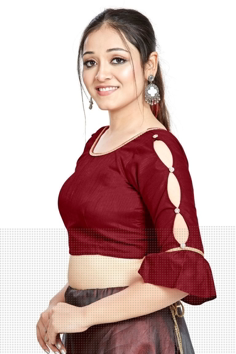 Aastha Fashion Maroon Art Silk Round Neck Sleeve Button Design Readymade Blouse