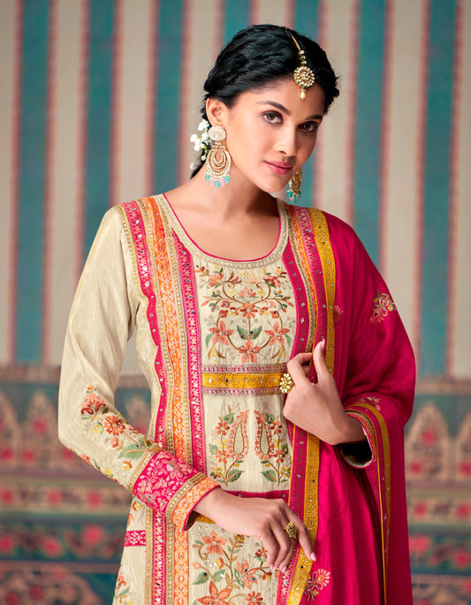 Aastha Fashion Beige Chinon Glamorous Festival Wear Pakistani Suit