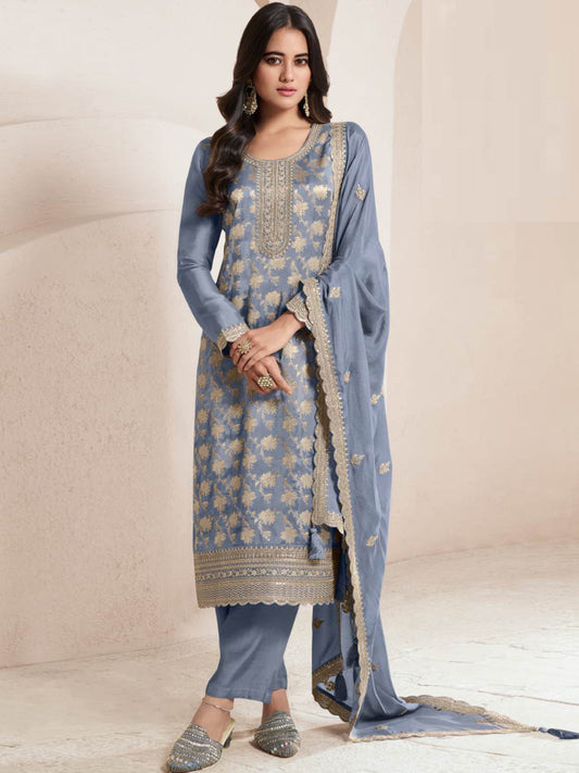 Aastha Fashion Grey Jacquard Glamorous Festival Wear Pakistani Suit