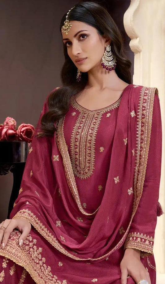 Aastha Fashion Maroon Chinon Glamorous Festival Wear Pakistani Suit