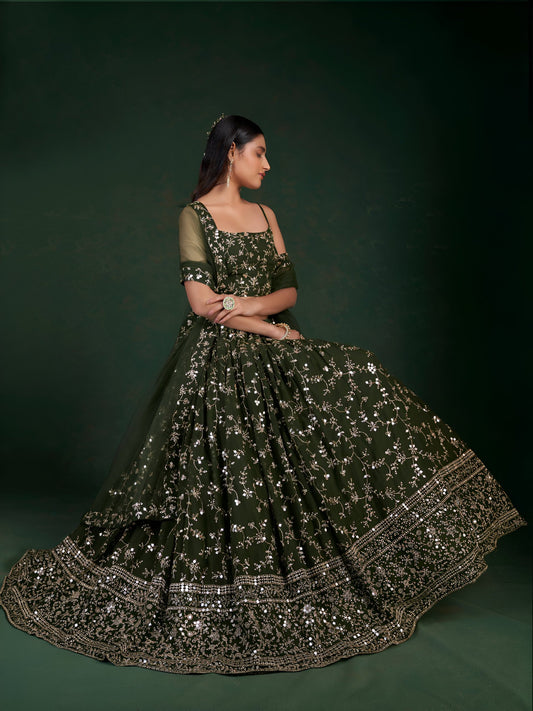 Aastha Fashion Mahendi Green Georgette 7-mm Sequence Zari Glamorous Festival Lehenga Choli