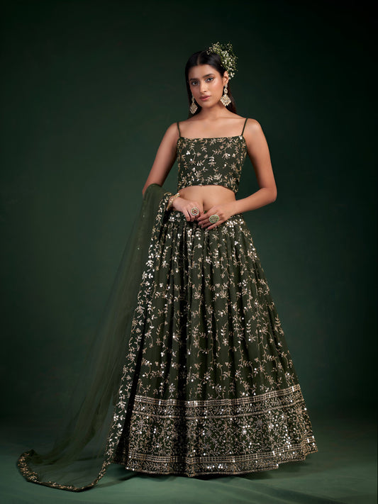 Aastha Fashion Mahendi Green Georgette 7-mm Sequence Zari Glamorous Festival Lehenga Choli