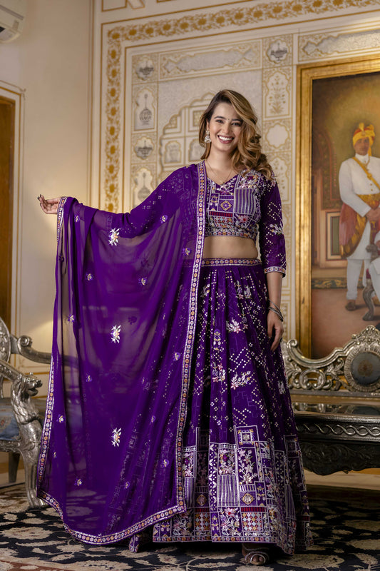 Aastha Fashion Purple Blooming Georgette Embroidery, Sequence Glamorous Festival Lehenga Choli