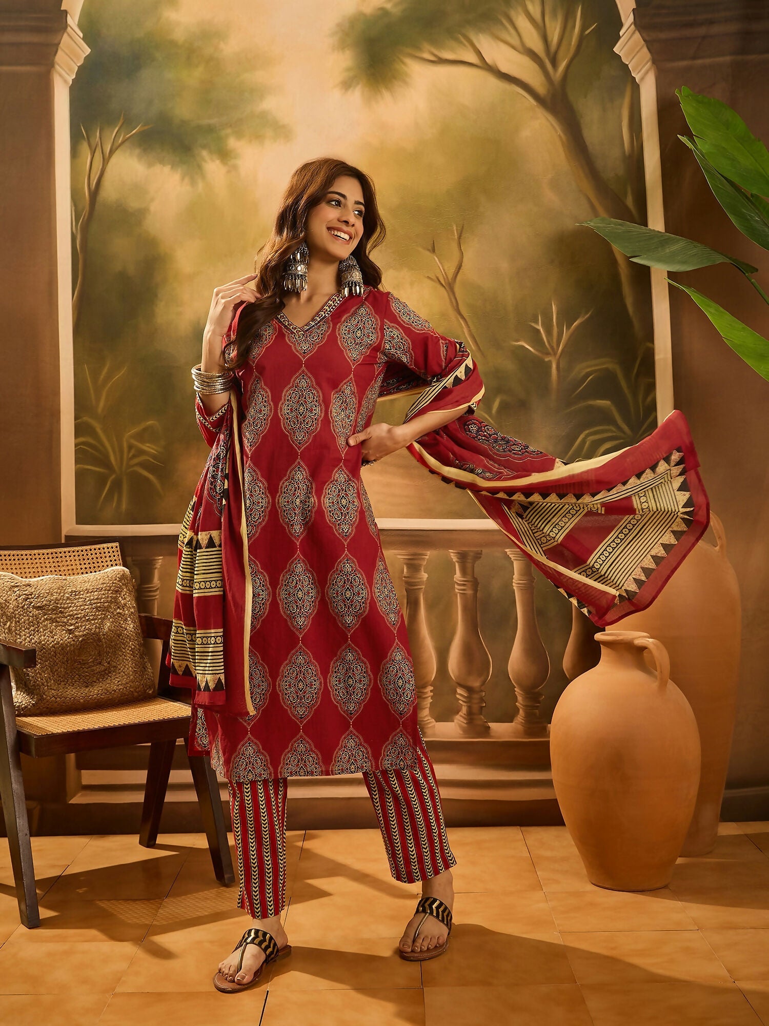 Joban Fashion Printed Maroon Pure Cotton Kurta Set