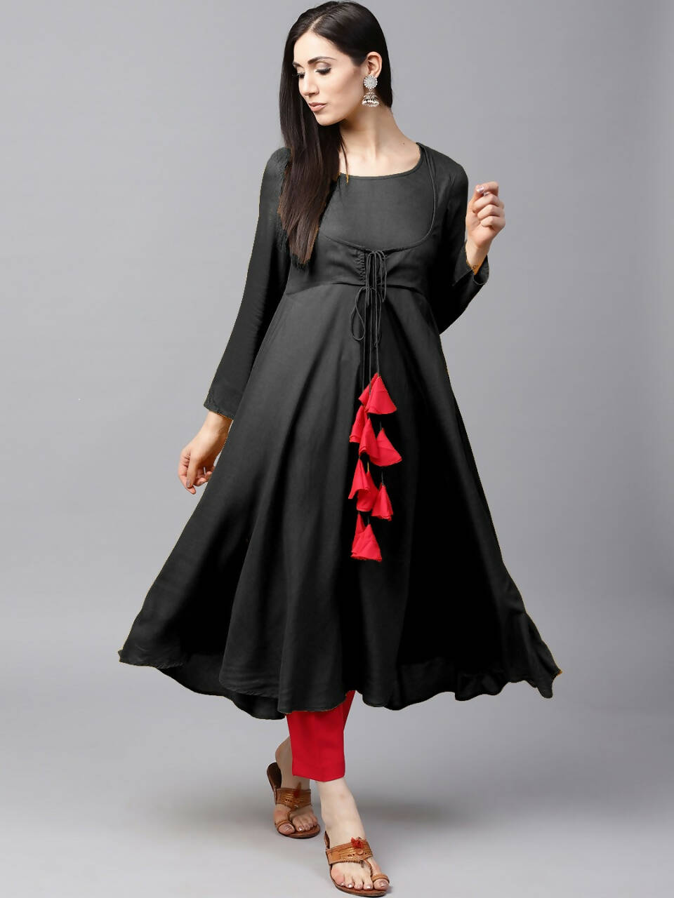 Women's Black Flared Kurti With Front Round Neck And Choli Cut With Dori And Tassels - G & A Apparels 