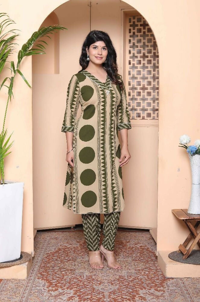 Miravan Womens Straight Polka Dot Printed Green Kurta With Palazzo