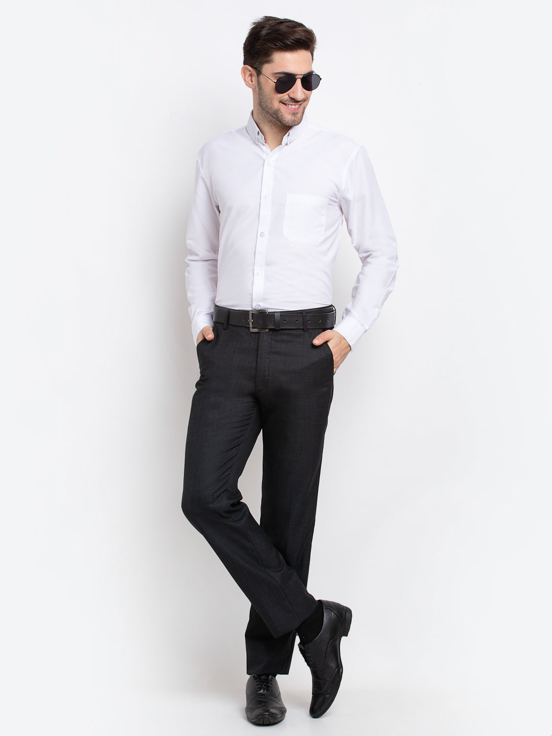 Jainish Men's Button Down Collar Cotton Formal Shirt - White