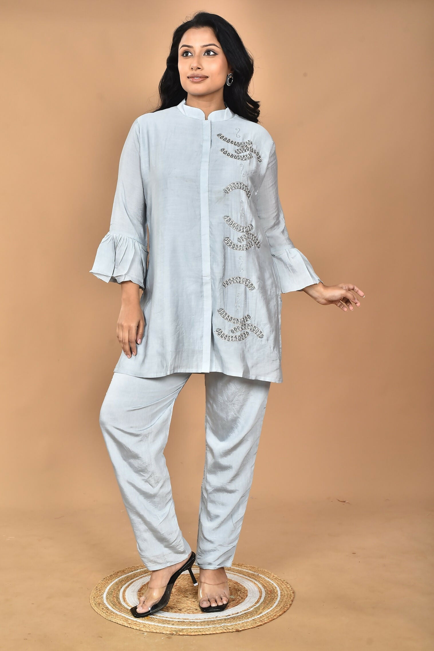 Morchari Women Hand Embroidery Co-Ords-Grey 
