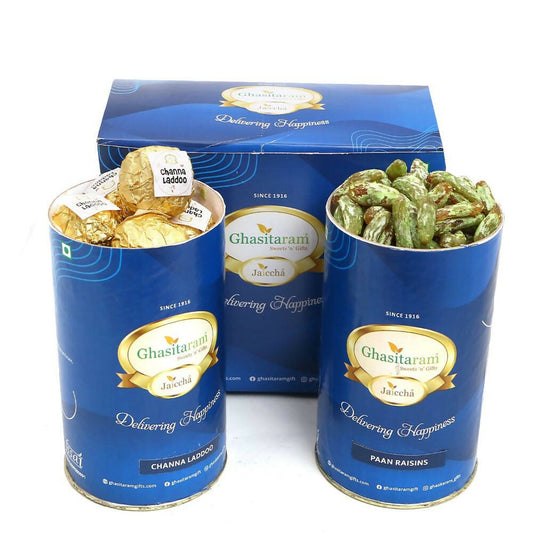 Ghasitaram Channa Laddoo and Paan Raisin Cans 